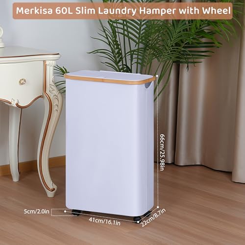 Slim Laundry Basket with Wheels,Narrow Hampers for Laundry(60L White) | Freestanding Laundry Hamper with Lid&Bamboo Handles,Collapsible & Waterproof Tall Cloth Hamper for Dorm Family - color: White, size: 60L with Wheels