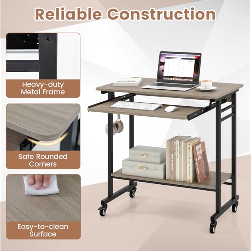GIANTEX Rolling Computer Desk, Mobile Desk with Keyboard Tray & Wheels, Portable Laptop PC Table Cart with Shelf & Hooks, Small Desk for Small Spaces, Bedroom, Apartment (Grey Oak) - color: Grey Oak