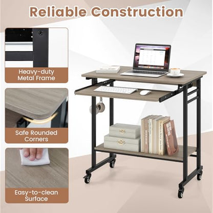 GIANTEX Rolling Computer Desk, Mobile Desk with Keyboard Tray & Wheels, Portable Laptop PC Table Cart with Shelf & Hooks, Small Desk for Small Spaces, Bedroom, Apartment (Grey Oak) - color: Grey Oak