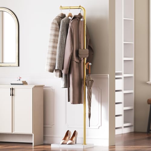L Shaped Glod Coat Rack, Metal Coat Tree, Modern Clothes Rack with 3 Hooks and Thickened Base, Floor Standing Coat Hanger Stand, for Entryway, Living Room, Cloakroom, Gold and White YM01DWY1