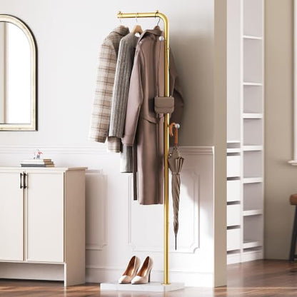 L Shaped Glod Coat Rack, Metal Coat Tree, Modern Clothes Rack with 3 Hooks and Thickened Base, Floor Standing Coat Hanger Stand, for Entryway, Living Room, Cloakroom, Gold and White YM01DWY1