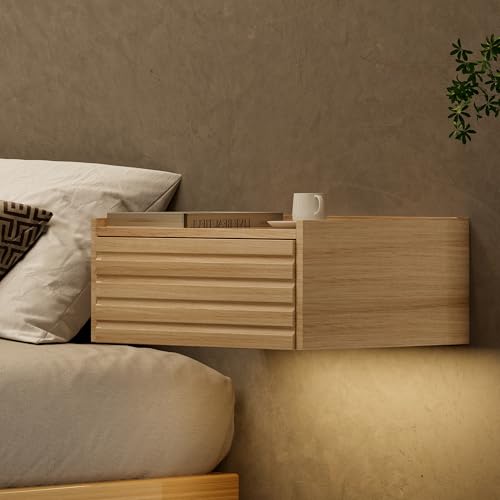 homary Floating Wooden Nightstand with Light & Charging Station, Wall Mounted Nightstand with Drawer, Wireless Charging, USB Ports, Modern Natural Floating Bedside Table for Bedroom