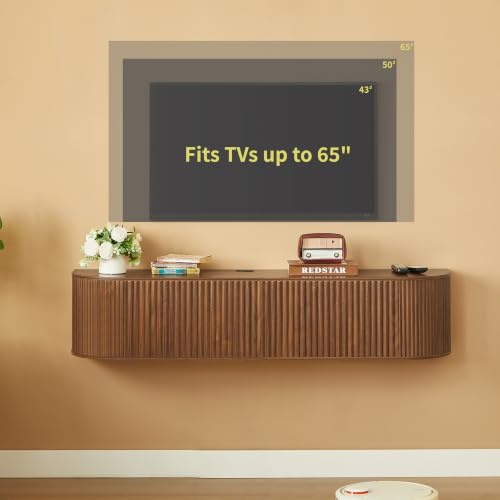 LUMISOL 55” Wall Mounted Floating TV Cabinet with Fluted Doors, Media Console with Cable Management Holes for Living Room, Bedroom, Walnut - size: 55.12"L x 12.6"W x 11.81"H