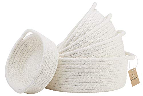 5-Piece Round Woven Cotton Rope Storage Baskets for Organizing, Small Shallow Nesting Set for Montessori Toys, Entryway Catchall, Fruit Bowl, Key Tray, Remote Holder, Nursery & Pet Toys - color: Off White