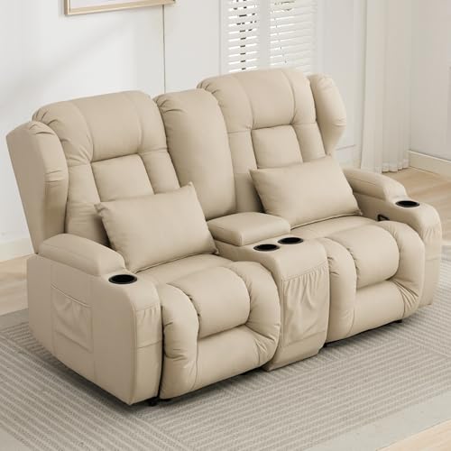 Loveseat Recliner Sofa,RV Wall Hugger Recliners with Console,Reclining Loveseat Sofa Recliner with Cup Holders/Lumbar Pillows for Small Spaces,RV Furniture (Beige,66" 2-Seater) - color: Beige, size: 66" 2-Seater