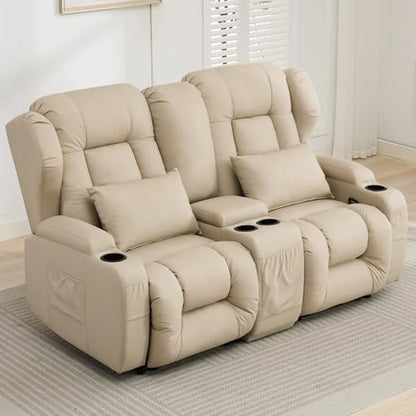 Loveseat Recliner Sofa,RV Wall Hugger Recliners with Console,Reclining Loveseat Sofa Recliner with Cup Holders/Lumbar Pillows for Small Spaces,RV Furniture (Beige,66" 2-Seater) - color: Beige, size: 66" 2-Seater