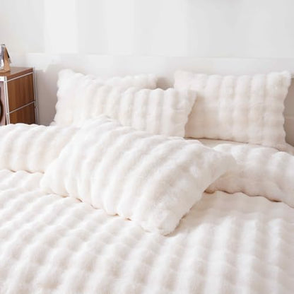 Fluffy White Duvet Cover Full Set, Soft Shaggy Plush Rabbit Bedding Set 3 Pieces (1 Fuzzy Comforter Cover + 2 Faux Fur Pillow Cases) Zipper Closure（White, Full） - color: White, size: Full