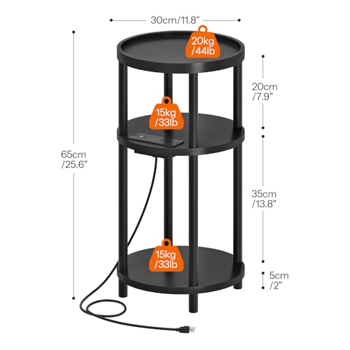 HOOBRO Small Round Side Table with Charging Station, 3-Tier Round Bamboo End Table, Compact Sofa Bedside Table for Small Space, Easy Assembly, for Living Room, Bedroom, Apartment, Black BB152UBZ01 - color: Black