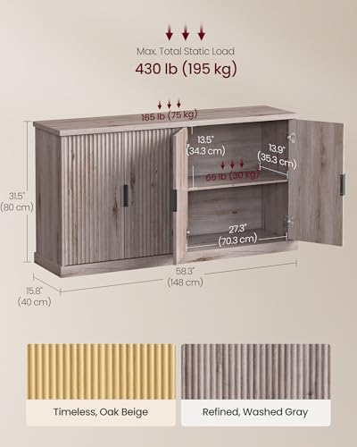 VASAGLE MAXE Collection - Buffet Cabinet, Fluted Console Cabinet, Sideboard with Adjustable Shelves, Mid Century Modern Buffet Table, 15.8 x 58.3 x 31.5 Inches, Washed Gray UBBK382G01S - color: Washed Gray, size: 58.3"W, style: 1 Pack