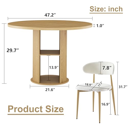 3-Piece Round Dining Table Set for 2-4, Walnut，47-Inch Farmhouse Kitchen Table with 2-Tier Storage Shelf and Two Beige upholstered Chairs for Apartments and Breakfast nooks (Natural) - color: Natural