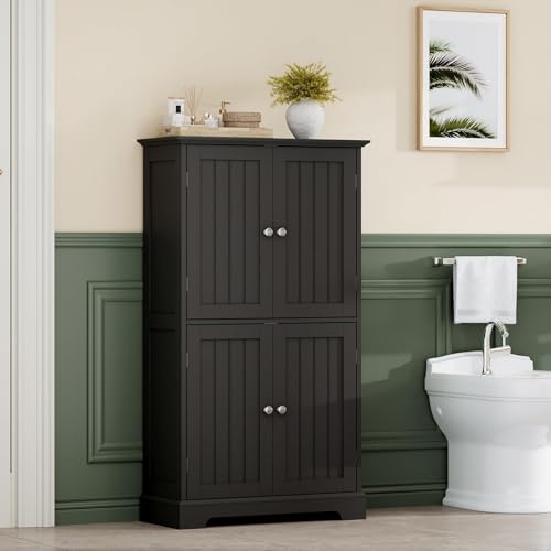 ChooChoo Bathroom Floor Cabinet with Adjustable Shelves | Bathroom Storage Cabinet, 4 Doors, Freestanding Cupboard for Living Room, Black - color: Black, size: 11.81"D x 23.62"W x 43.31"H