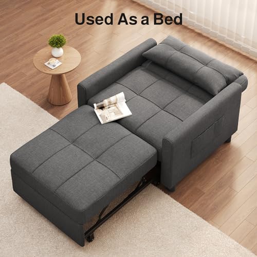 Convertible Sofa Chair Bed, 3-in-1 Linen Pull Out Chair, Dark Gray | Multi-Functional Sleeper Chair Bed;Adjustable Backrest Recliner;Modern Linen Fabric, Living Room/Apartment/Small Space - color: Dark Gray
