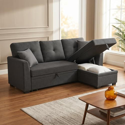 L Shape Queen 3-Seat Pull Out Sleeper Sofa Bed with Storage, Black | Convertible Sofa Bed, L Shape Sleeper Sofa wit, Reversible Storage Chaise, Tufted Fabric,Sectional Sleeper Sofa - color: C-charcoal Black-03c