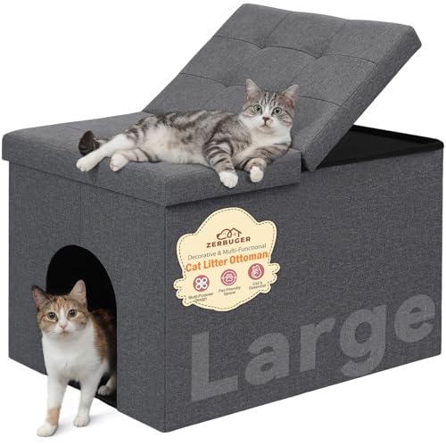 Zerbuger Cat Litter Box Enclosure Furniture for Odor Control,Hidden Cabinet | Cat Litter Box Furniture Ottoman With Flip-Up Lid,Cats Litter Box Bench With Storage Space, Dog Proof (Grey, Large) - color: Grey, size: Large