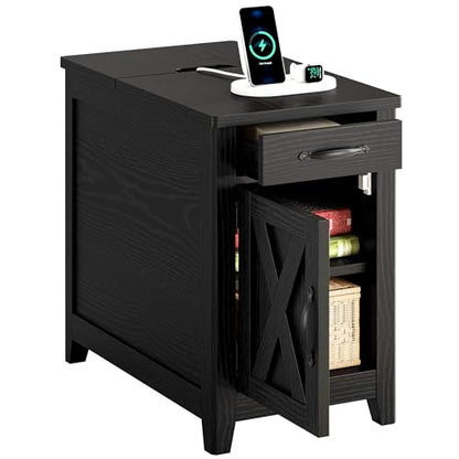 IRONCK End Table with Charging Station, Narrow Side Table, Black | Bedside table. Farmhouse nightstand with drawer, cabinet, flip-top, and cup holder, wood grain, for home - color: Black