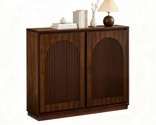 Narrow Sideboard Buffet Storage Cabinet,Thin Entryway Cabinet,Walnut | Solid Wood Veneer;39"L*9.3"W*32.1"H;Slim Arched Credenza Storage Cabinet;Mid-Century Modern Accent Cabinet with Anti-Tipping - color: A- Walnut, size: 1 Piece