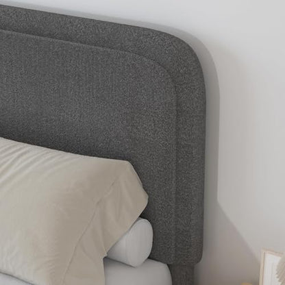 BarnFurin Twin Bed Frame, Cloud Boucle Headboard, Low Profile, Dark Grey | Soft boucle and rounded edges create a low-profile cloud look. Wooden slats support the mattress without a box spring - color: Dark Grey, size: Twin