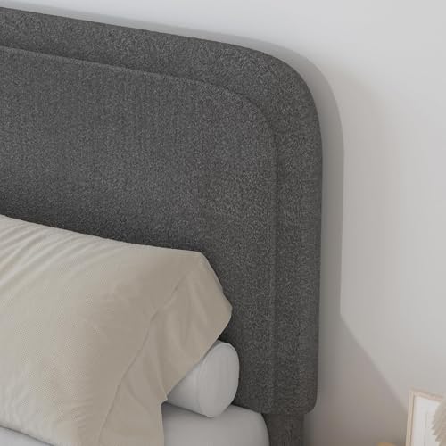 BarnFurin Queen Bed Frame, Cloud Boucle Headboard, Low Profile, Dark Grey | Soft boucle and rounded edges create a low-profile cloud look. Wooden slats support the mattress without a box spring - color: Dark Grey, size: Queen