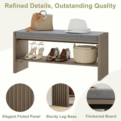 Shoe Storage Bench Bedroom, Entryway Bench with Cushion, Ottoman Benches for Living Room Hallway Entry (Greige Oak, 40 Inch Wide) - color: Greige Oak