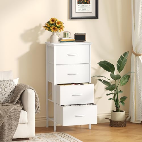 Sweetcrispy Dresser for Bedroom, 4 Drawer Storage Cabinet, Tall Nightstand | Small Fabric White Dresser for Closet, Chest of Drawers, Closet Organizer, Home Furniture, Sturdy Frame - color: White, size: 11.8"D x 17.7"W x 37.5"H (4 Drawers)