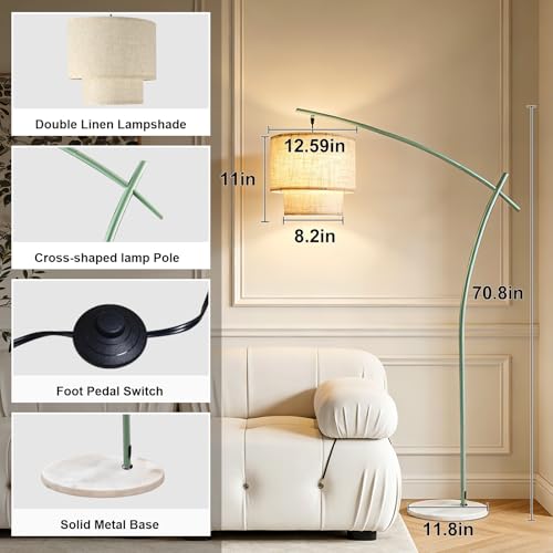 Lightdot Arc Floor Lamp for Living Room, Modern Standing Tall Lamps with Double Linen Lampshade, Tall Hanging Pole Lamp with Bulb Included for Bedroom Sofa Beside/Corner Decor - Grayish Green - color: Fabric-Green