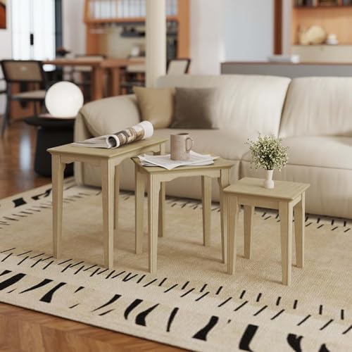 Kmax Nesting Tables Set of 3, Small Sofa Side Table Rustic Stacking End Table Rectangle Solid Wood Coffee Tables for Small Space - Ashes White - color: Ashes White
