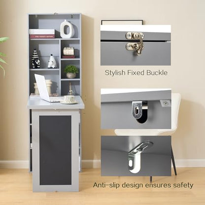 Folding Desk with Storage,Fold Out Convertible Wall Mounted Table,Grey | Space-Saving,Foldable Desk with Blackboard and Shelves, Multi-Function Desk Cabinet , Murphy Desk Home Office Workstation - color: Grey
