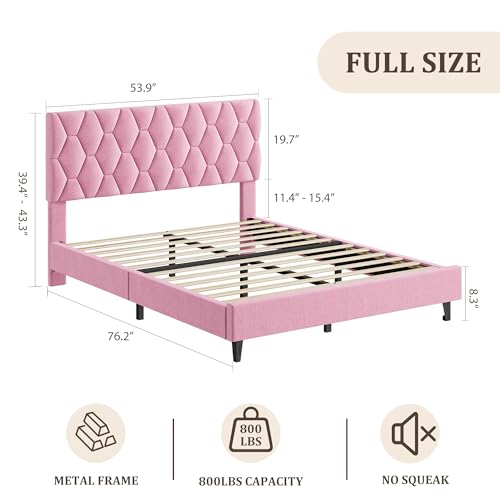 GAOMON Pink Full Bed Frame with Upholstered Headboard, Heavy-Duty Platform Bed Frame with Strong Wood Slats, No Box Spring Needed/Noise Free/Easy Assembly | Heavy-Duty Bed Frame with Wooden Slats Support Upholstered Mattress Foundation No Box Spring Neede