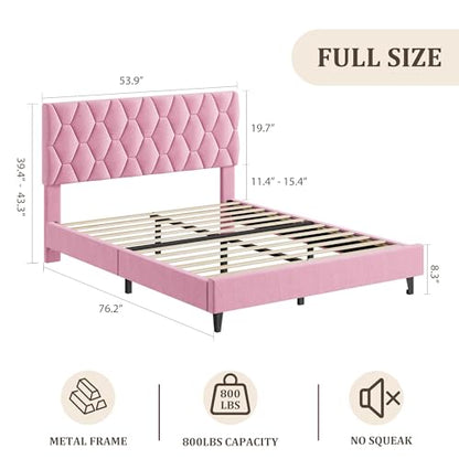 GAOMON Pink Full Bed Frame with Upholstered Headboard, Heavy-Duty Platform Bed Frame with Strong Wood Slats, No Box Spring Needed/Noise Free/Easy Assembly | Heavy-Duty Bed Frame with Wooden Slats Support Upholstered Mattress Foundation No Box Spring Neede