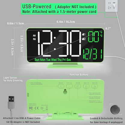 Small Digital Clock, 6.7in Alarm Clocks for Bedrooms, Auto Dimming, Room Temperature, Day of The Week, Seconds, Date, Desk Clock for Bedroom, Digital Clocks for Living Room - color: Green (White + Green Digits)
