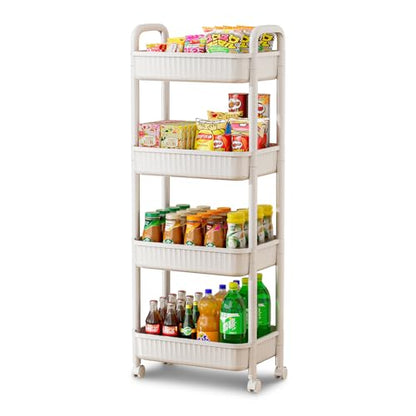 JOYZAN 4 Tier Rolling Carts with Wheels, Utility Cart with Handle and Locking Caster, Storage Cart for Kitchen, Office, Bedroom, Suitable for Diaper, Art Tools, Snack, Craft Storage Cabinet, White - size: White-4 Tier