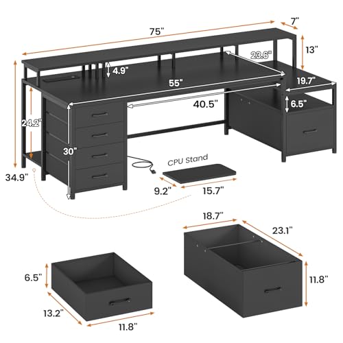 SEDETA 75'' Large Home Office Desk with 5 Drawer, Power Outlet, File Drawer | 23.6" W Desktop Computer Desk with Storage Shelves, Monitor Shelf, Led Lights, for Home Office, Dorm, Gaming Room, Black - color: Black, size: 75X23.6inch