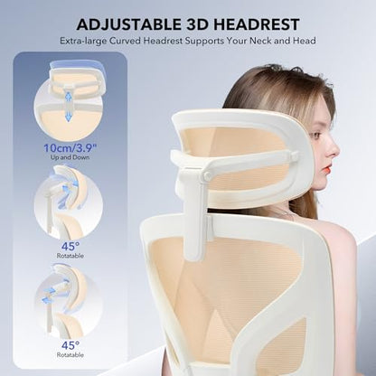 Ergonomic Office Chair Mesh – Adjustable Lumbar 3D Armrests High-Back Desk | Breathable Mesh Backrest; Seat Height & Tilt-Angle Adjustment; Smooth-Rolling Casters; Easy To Assembly, For Home, Office - color: Beige-p1