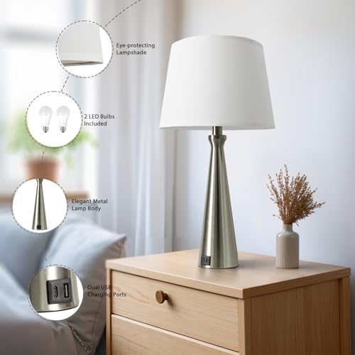 Modern Touch Lamps for Nightstand, 3 Way Dimmable Bedroom Lamp Set of 2 | USB C+A Charging Ports, Silver Bedside Lamps for Bedroom, Living Room, End Table, Bed Side, LED Bulb Included - color: C. Silver Base-White Shade