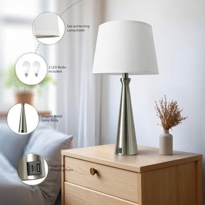 Modern Touch Lamps for Nightstand, 3 Way Dimmable Bedroom Lamp Set of 2 | USB C+A Charging Ports, Silver Bedside Lamps for Bedroom, Living Room, End Table, Bed Side, LED Bulb Included - color: C. Silver Base-White Shade