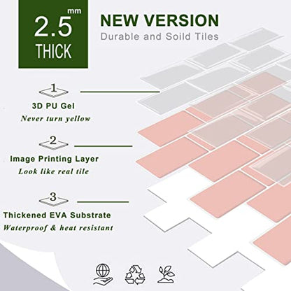 STICKGOO Subway Tile Peel and Stick Backsplash, Thicker Design 12" x 12" Stick on Backsplash Tiles for Kitchen, Bathroom, Wall Tile (10 Sheets, Pink) - color: Pink