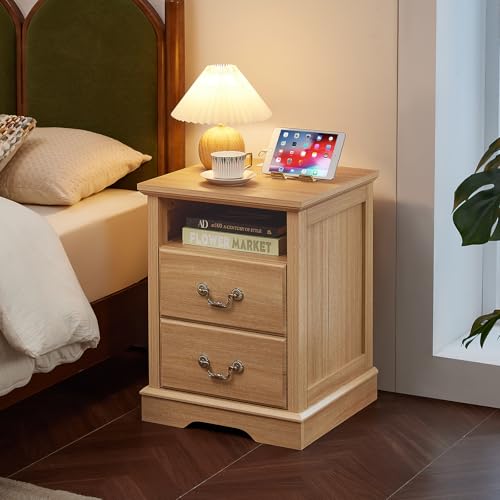 Farmhouse Night Stand with Charging Station, Natural | 2 Drawers End Tables Bedroom, Nightstand with Rustic Handles & Floor-Standing Thickened Foot & Open Shelf - color: Natural, size: 18"D x 18"W x 24"H (2 Drawers)