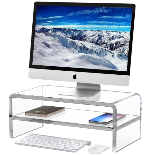 Egchi Acrylic Monitor Stand Riser, 2 Tier Clear Computer Monitor Stand for Home Office Business, PC Desk Stand Monitor Riser for Keyboard Storage, Laptop, Printer and TV Screen -12x7.2x5.12 inches | Desk Stand Monitor Riser, for Home Office Business, Keyb