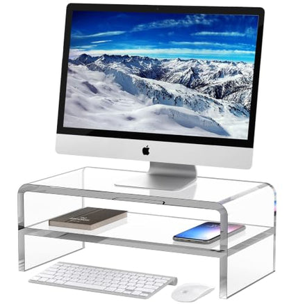 Egchi Acrylic Monitor Stand Riser, 2 Tier Clear Computer Monitor Stand for Home Office Business, PC Desk Stand Monitor Riser for Keyboard Storage, Laptop, Printer and TV Screen -12x7.2x5.12 inches | Desk Stand Monitor Riser, for Home Office Business, Keyb