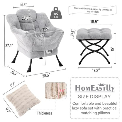 Lazy Chair with Ottoman, Plush Reading Chair with Pillow，Grey | Removable machine-washable cover; includes an extra throw pillow; cozy accent chair for living room, bedroom, dorm or office - color: Plush Light Grey