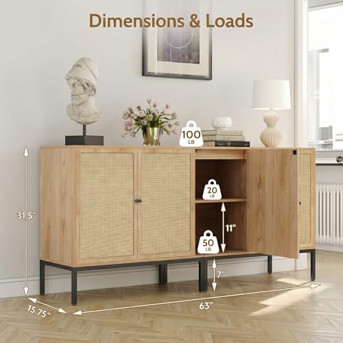Set of 2 63" Sideboard Cabinet with Natural Rattan Doors, Buffet Console & Accent Cabinet, Rattan Credenza Storage with Metal Legs for Living Room, Kitchen, Dining Room - color: Natural, size: Square-2 pcs