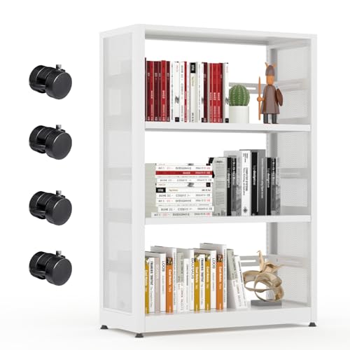 SteeLoong 3 Tier Bookshelf,Metal Storage Shelves, Wheels & Adjustable Feet | Mobile Bookshelf with Storage,White Heavy Duty Bookcase with 2 Adjustable Shelves,Office Shelves for Living Room,ClassRoom - color: White, size: 3-Tier 28"W