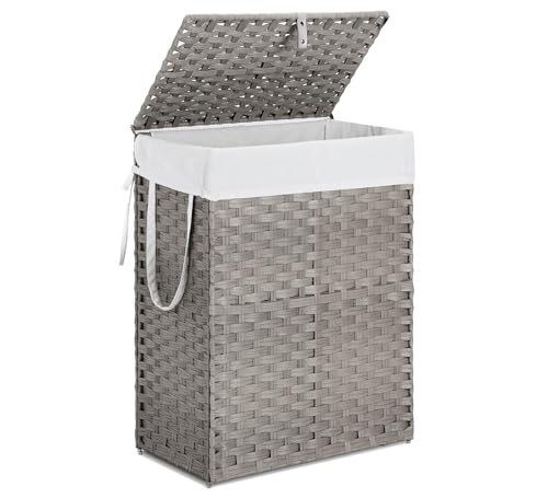 Laundry Hamper with Lid, 90L Foldable Laundry Basket with Removable Liner Bags, Handwoven Synthetic Rattan Clothes Hamper for Bathroom, Bedroom, Laundry Room, Grey - color: Grey-90L