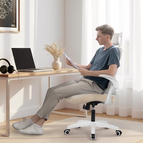 NEO CHAIR Office Desk Chair with Ergonomic High Back Mesh Headrest, Beige | Adjustable Headrest and Lumbar Support with Flip-Up Armrests Designed for Extended Sitting Comfort While Saving Space - color: Beige