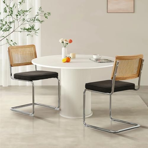 Rattan Dining Chairs Set of 6,Linen Cesca Chair Kitchen Chair,Black | VICBARLEY Mid Century Modern Dining Chairs,Wood Cane Backrest&Chrome Base,Upholstered Side Chair for Dining Room,Kitchen - color: Black, size: Set of 6