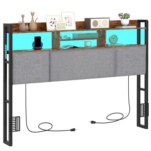 Upholstered Queen Size Headboard with Charging Station & LED Light | Head Board with Storage Shelves for Bed, Queen Headboard Only, Height Adjustable, Sturdy & Stable, Brown - size: Queen