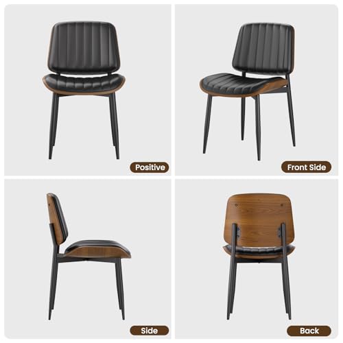 YaFiti Mid Century Dining Chairs with Walnut Bentwood, Set of 2, Black | Ergonomic Walnut Backrest, Upholstered Waterproof PU Leather Seat, Stable Metal Legs, Adjustable Footpads, Apartment Friendly - color: Black Pinstripe