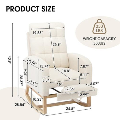 NIOIIKIT Modern Nursery Rocking Chair, Teddy Upholstered Rocking Chair with Footrest, Comfortable Rocker Chair with Side Pocket, Rocker Chair for Living Room, Bedroom, Nursing Room (White) - color: White