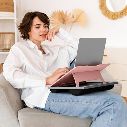 HUANUO Adjustable Lap Desk - with 8 Adjustable Angles & Dual Cushions Laptop Stand for Car Laptop Desk, Work Table, Lap Writing Board & Drawing Desk on Sofa or Bed, Pink | Dual-cushion base, carry handle, 30% thicker for durability, wider anti-slip ledge,