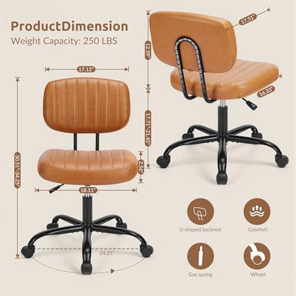 Swivel Rolling Office Chair, Armless Pu Leather Vanity Chair with Back Lumbar Support Height Adjustable Computer Chair, Small Desk Chair for Home Office, Brown - color: Brown